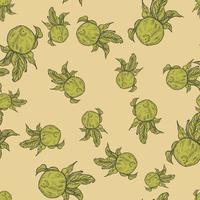 Seamless pattern engraved lemon on twig with leaves. Vintage background citrus fruit on branch in hand drawn style. vector