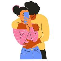 A man hugging a woman from behind. Romantic couple in colourful flat style. Trendy faceless characters. vector