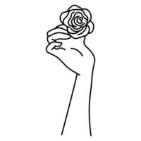 una mano con rosa, arte lineal simple e incompleto. un elemento decorativo. ilustración en blanco y negro de la mano de una mujer con flor. vector