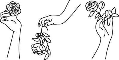 A set of hands with roses in simple linear style. Female palms holding flowers. Symbolic, decorative vector illustration.