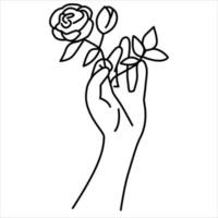 una mano femenina sosteniendo una rosa. una mano con flor en estilo incompleto simple. vector
