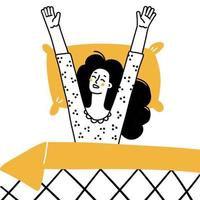 Woman wake up in the morning and stretching. The girl wakes up lying on her bed and smiles. Top view composition. Hand drawn doodle line style vector illustrations. Black and yellow on white