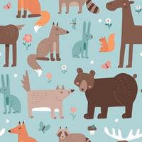 Forest seamless pattern with cute animals - fox, moose, bear, rabbit, wolf and squirrel. Vector flat hand drawn illustration in childish scandinavian style.