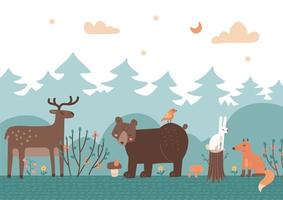 Cute animals on the background of the forest, trees,bushes and plants. Bear, Fox, Deer, Hare and bird. Forest Animals set. Vector flat hand drawn illustrations in the Scandinavian style