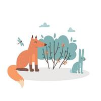 Fox and rabbit in the foliar forest. Isolated comic scene of Hunting. Summer forest animals print concept. Hand drawn childish vector illustration