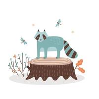 Cute cartoon raccoon standing on a tree stump on white background with dragonflies and foliar bush. Flat hand drawn summer illustration in scandinavian style. vector