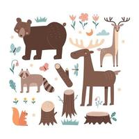 Cute wild forest animals clipart collection solated on white. Woodland elements set. Scandinavian style Concept for kids fashion, textile print, poster, card. Hand drawn vector illustration.