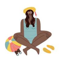 joven mujer afroamericana de belleza negra feliz en traje de baño sentada en la playa. ilustración de vector plano de moda dibujada a mano aislada sobre fondo blanco.