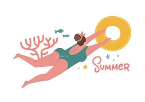 Beach resort activity. Modern concept illustration of a woman wearing swimsuit, swimming in sea with rubber ring. Flat hand drawn vector trint template for t-shirts with lettering word Summer.