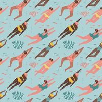 Summer beach seamless pattern. Pretty women swimming in the sea. Vector flat hand drawn illustration with female swimmers.