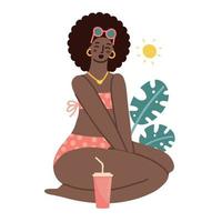 African Plus size girl drinks soda. Body positive concept. Attractive overweight black woman in cute swimsuit on tropical beach. Concept - no fatphobia. Cartoon flat hand drawn vector illustration