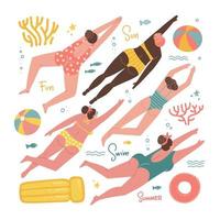 Set of figures of swimming women in swimsuits of different nationalities with summer vacation elements - inflatable mattress, ball, corals, fishes. Cute vector illustration in hand drawn flat style.