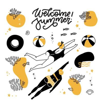 Welcome summer banner in doodle style. Swimming women set with inflatable balls, sand, corals, fish and lettering quote. Ocean holidays, travel to exotic countries collection. Hand drawn linear vector