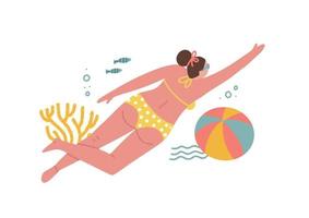Print template with summer ocean scene - woman swimming in sea with corals and fishes with inflatable ball . Hand drawn vector abstract cartoon summer time graphic illustrations