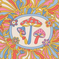 Retro 70 s psychedelic hippie mushroom illustration print with groovy graphic background for sticker or poster - Vector hand drawn desing.