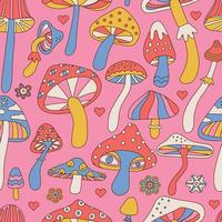 Funny crazy psilocybin magic mushroom seamless pattern. Magic mushroom,psilocybin background print concept. Vector hand drawn colorful linear illustration.