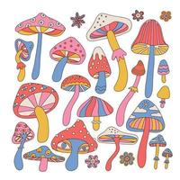 Set of stylizes hippie mushrooms. Summer psychedelic elemenst in 70s and 80s style. Vibrant groovy and funky fungus. Kidcore rainbow tattoo stickers. Vintage nostalgia collection. Vector illustration.
