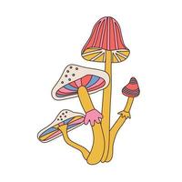 Icon of a rainbow mushrooms bunch in a linear style of 1970s. Vector hand drawn illustration of a fungus isolated on a white background