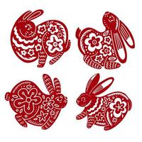4 liebres rojas - símbolo del zodiaco chino. conjunto de conejos en diferentes variaciones. siluetas dibujadas en estilo chino con adornos florales en estilo gráfico. ilustración vectorial dibujada a mano.