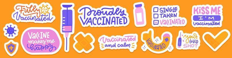Vaccine hesitancy motivational lettering quotes and elements stikers set. Syringe, viel, patch, shoulder isolted badges. Flat hand drawn illustration. vector