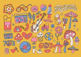 Retro 70s hippie psychedelic groovy elements set. Hand drawn funky mushrooms, flowers, musical instruments, vintage hippy style collection. Decorative disco lamp, heart, cherries. Vector illustration.