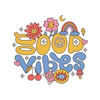 Hand written lettering Good Vibes in hippie style shape with piece sign, flowers, rainbow, cherry and mushroom. Retro style 70s isolated concept for poster,card. Linear hand drawn vector illustration.