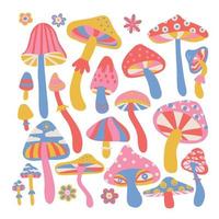 Retro 70s psychedelic trippy mushrooms isolated on white background. Colorful hallucinogenic fantasy mushroom hand drawn flat vector illustration