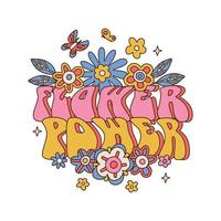 texto de letras flower power con concepto de margarita y mariposa. plantilla con símbolos florales aislado sobre fondo blanco. ilustración vectorial dibujada a mano para el diseño de impresión. vector