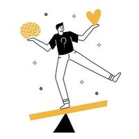 Man balancing between brain and heart on big scale. Emotions vs mind. Vector concept linear doodle hand drawn illustration. Black and yellow on white
