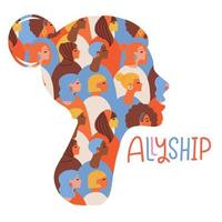 Female profile silhouette made of many multicultural women and girls. Allyship - lettering for community in social network. Pattern forming a woman head. Flat hand drawn vector illustration.