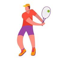 jugador de tenis hombre golpeando la pelota con raqueta. un atleta masculino haciendo deporte. ilustración vectorial aislado sobre fondo blanco. vector