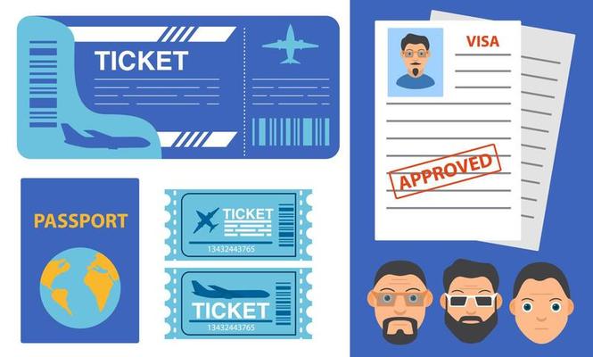 Airline ticket design.Flight tickets passenger plane.Passport or visa application.Cartoon characters of a man travel immigration.Visa stamping.Map of the planet earth.Vector flat illustration.