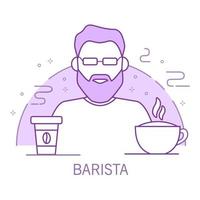 barista esboza un personaje de dibujos animados con un capuchino y una taza de café de papel. bebida caliente. vector de arte de línea.aislado en un fondo blanco.