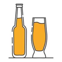 Beer bottle and glass. Alcoholic drink icon. Flat line art outline vector.Isolated on a white background. vector