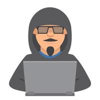 pirata informático con laptop.criminal roba información.personaje de dibujos animados está robando de una ilustración plana de internet.vector.aislado en un fondo blanco. vector