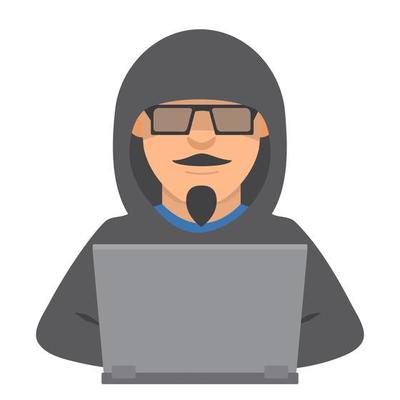 Computer hacker with laptop.Criminal steals information.Cartoon character is stealing from a internet.Vector flat illustration.Isolated on a white background.
