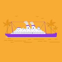 Cruise ship.Tropical island of a palm tree. Sea voyage.Flat vector. Banner concept.Summer travel vacation.