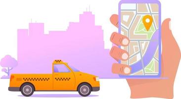 Yellow taxi service. Flat vector.Car cab side view pick-up.Transportation and cargo delivery.Hand holding smart phone app on display map.