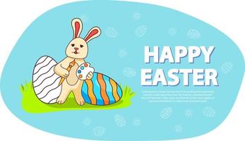 The rabbit with a brush and paints draws festive egg. Happy Easter banner. The poster is festive spring. Egg with an ornament lies on a grass. Flat vector an illustration.