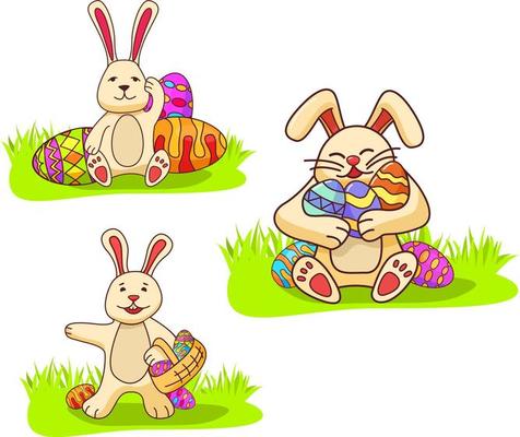 Bunny holding easter eggs.Festive holiday banner flat vector.The rabbit holds in hand a basket.
