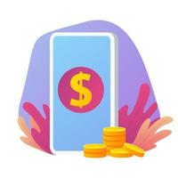 Smartphone making money. Money transfer. Golden coins.Dollar sign. American currency.Vector flat illustration. vector