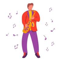 A young guy saxophone player instrumentalist.Modern flat vector illustration notes.Concept icons for clubs and conservatories.Isolated on a white background.