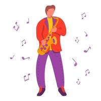 A young guy saxophone player instrumentalist.Modern flat vector illustration notes.Concept icons for clubs and conservatories.Isolated on a white background.