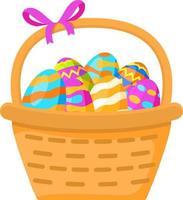 Basket with eggs for Easter.Festive illustration flat vector.Isolated on a white background.Spring holiday.Painted eggs ornament. vector