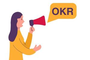 OKR Objectives and key results.Young girl with a loudspeaker.Website banner concept.Speech bubble.Isolated on white background. vector