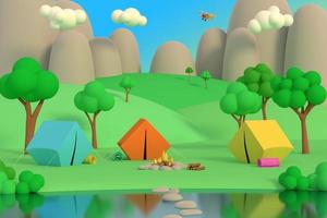 Summer camp in the forest in the afternoon on a background of mountains. Colored tents around the fire. 3D render photo