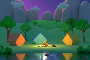 Summer camp in the forest in the night on a background of mountains. Colored tents around the fire. 3D render photo