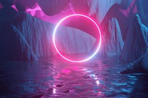 Glowing neon circle, portal, gate against the backdrop of a red-blue abstract fantastic landscape. 3D rendering photo