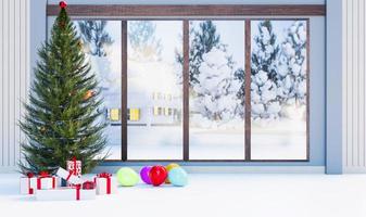merry christmas and happy new year festival, christmas tree and cristmas presents decoration in home at glass window in snowy day photo