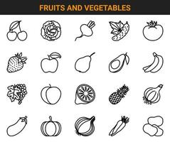 Set of 20 vector outline icons on the theme of fruits and vegetables, such as cherry, cabbage, beet, cucumber, tomato, pineapple, etc.